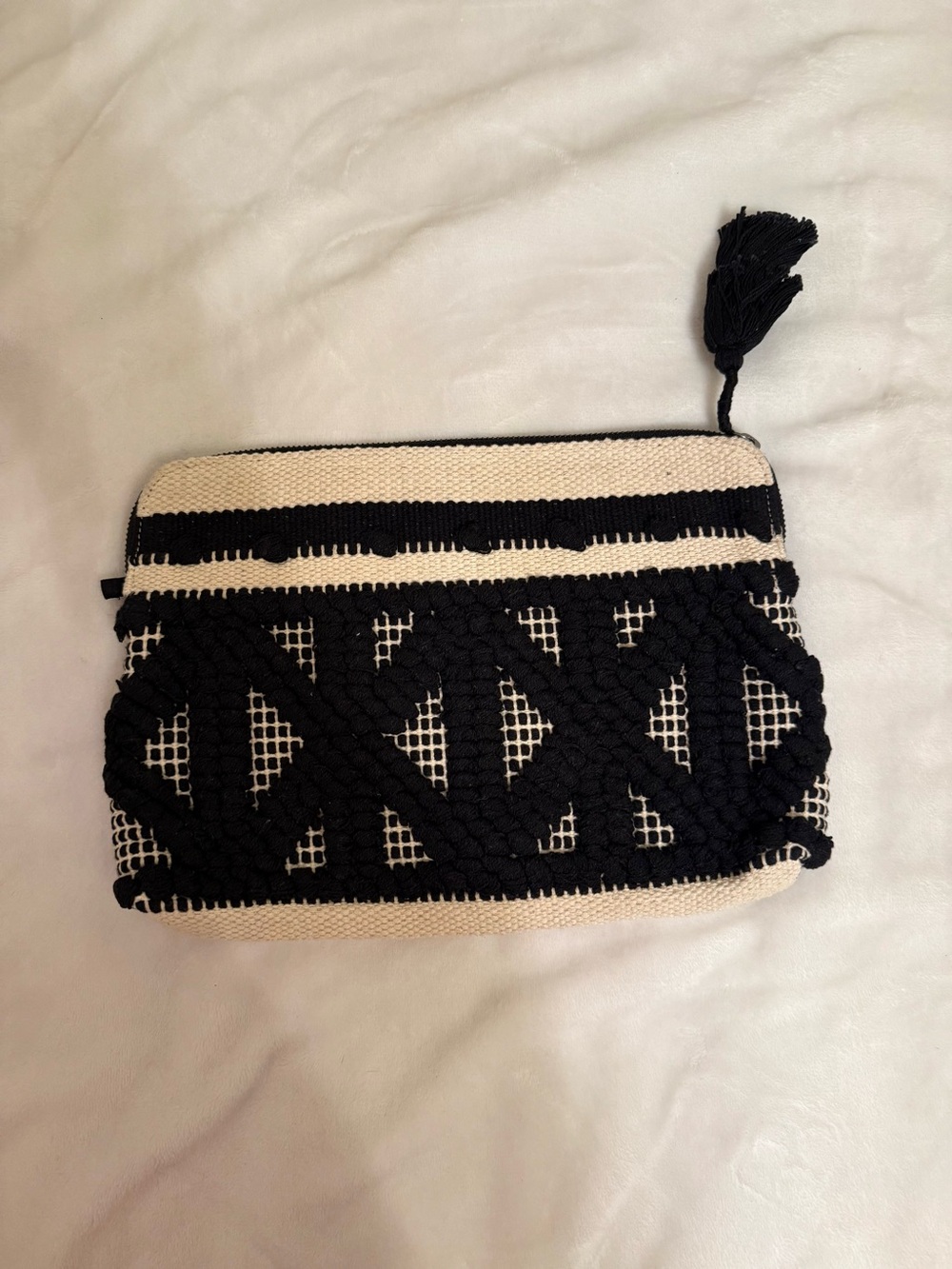 Lucky Brand Robin Black and Cream Woven Tassel Clutch